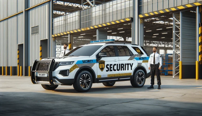 A white mobile security guard with vehicle displaying company decals and yellow and blue checkered patterns on the side. The vehicle is a modern SUV.