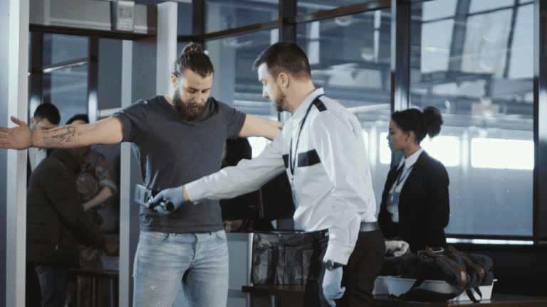 airpiort security guard using a hand-held metal detector on a passenger